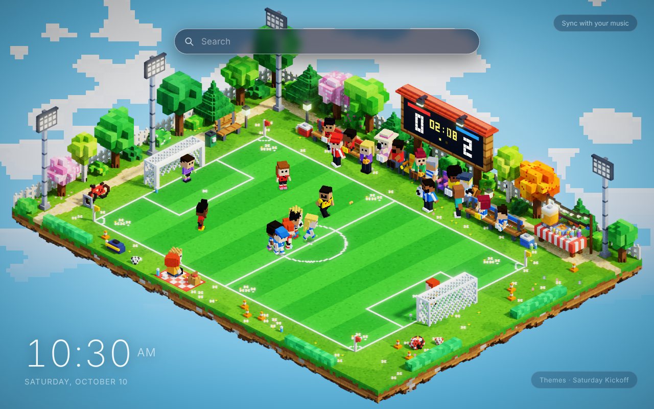 Saturday Kickoff New Tab theme: a block-built park soccer pitch on a floating island of grass under a blue sky, with kids in red and blue shirts chasing the ball near the centre circle, a keeper in the far goal, parents along the touchline, a scoreboard reading 0 to 2, flood lights, a snack stand and blossom trees