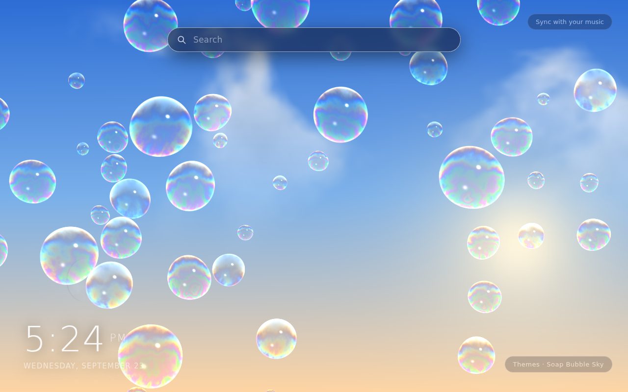 Soap Bubble Sky New Tab theme: large iridescent soap bubbles with magenta, green and gold bands drifting across a blue daytime sky
