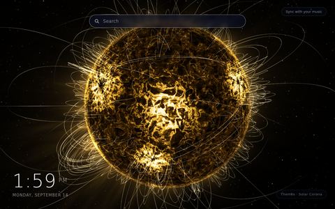 Solar Corona living wallpaper: a gold rotating Sun with glowing magnetic field loops