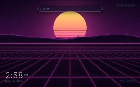 Synthwave New Tab theme: a neon pink and blue perspective grid rolling toward a striped sunset sun with mountains and stars