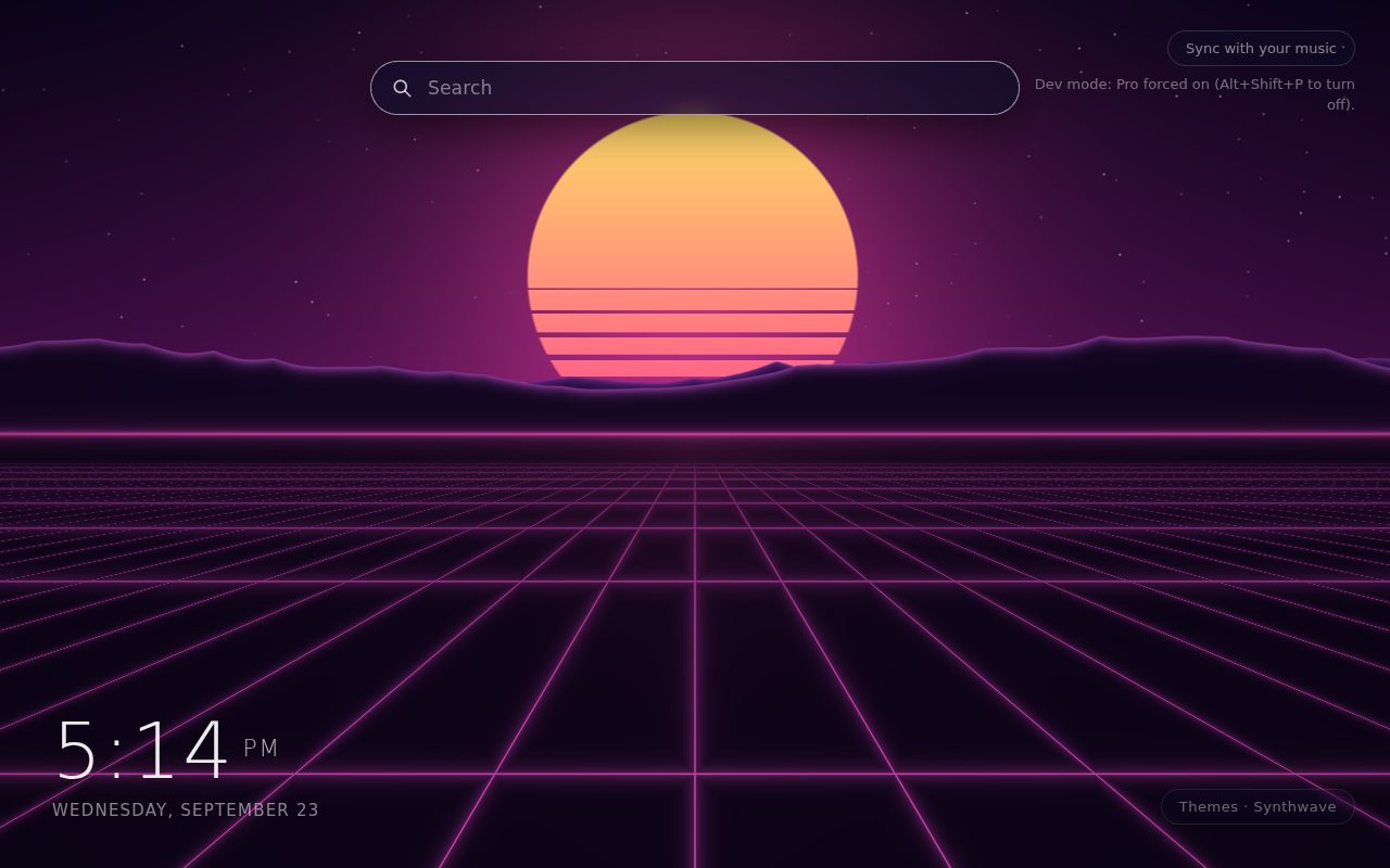 Synthwave New Tab theme: a neon pink and blue perspective grid rolling toward a striped sunset sun with mountains and stars