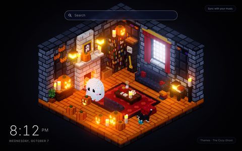The Cozy Ghost New Tab theme: a block-built Halloween living room at night seen from one corner, with a small white ghost beside the jack-o'-lantern it has just carved in front of a lit fireplace, a black cat with a ball of yarn on the plank floor, and candles and lanterns glowing around the room