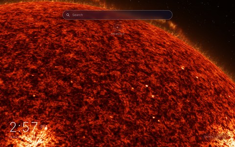 The Sun New Tab theme: the red-orange limb of the Sun rising from the bottom-left corner into black space, with prominences along the edge
