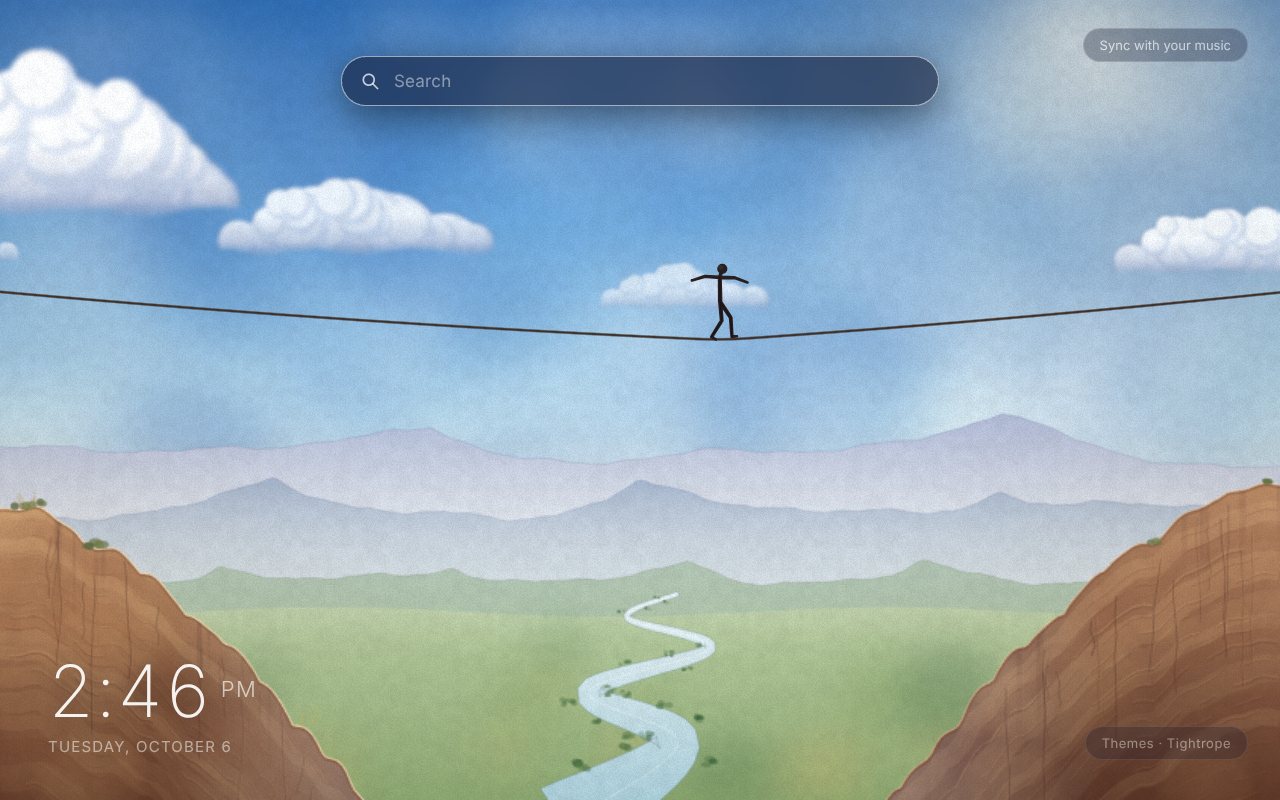 Tightrope New Tab theme: an ink stick figure balancing with arms out on a rope high above a watercolour canyon with a winding river, hazy mountains and white clouds