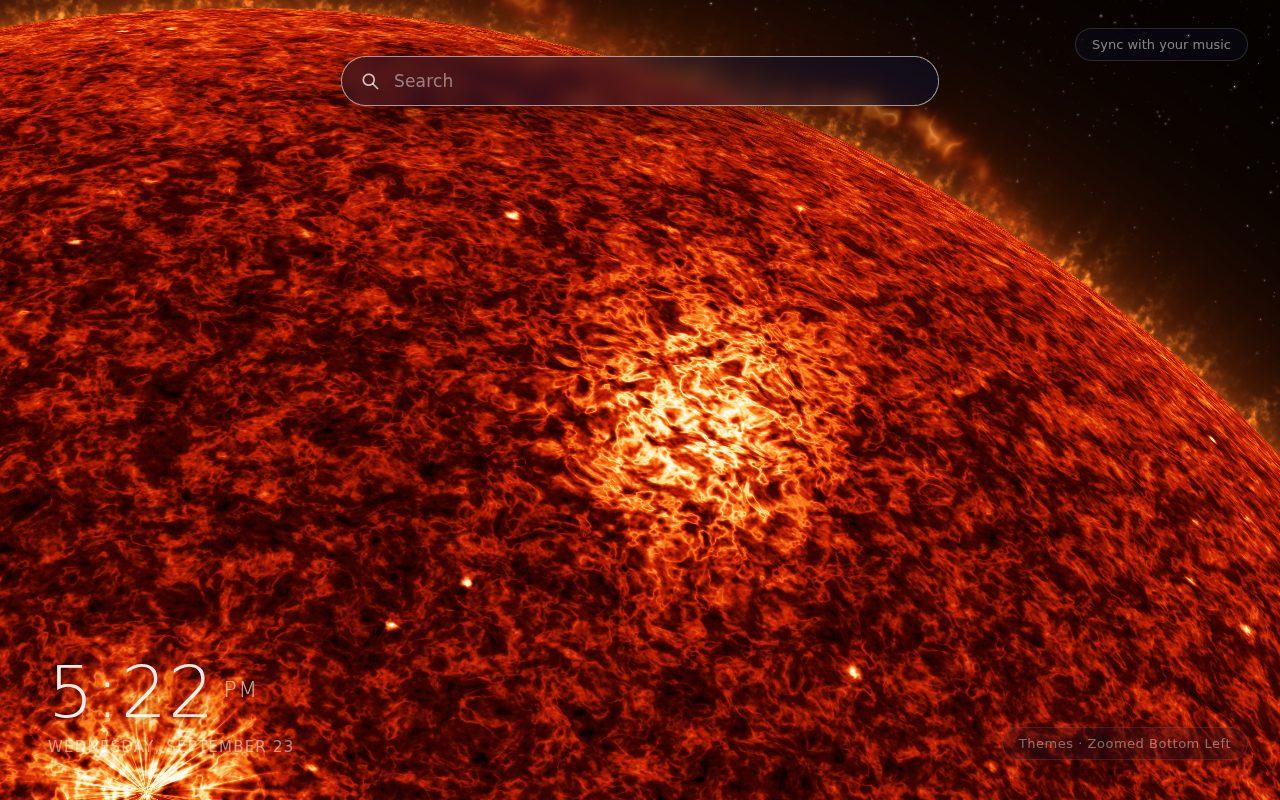 Zoomed Bottom Left New Tab theme: the red-orange limb of the Sun rising from the bottom-left corner into black space, with prominences along the edge